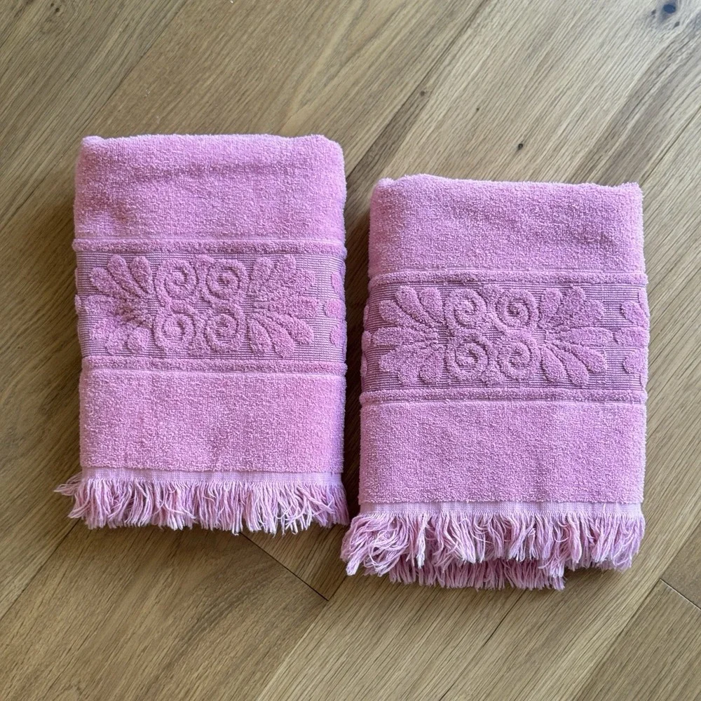 Vintage Cannon Monticello Santa Cruz Bath Towels Fringed Mauve Rose Pink Lot 2